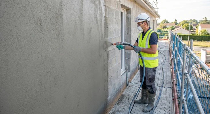 Chantier de construction extérieur avec homme en tenue de travail, casque de sécurité jaune, bras croisés devant bâtiments en construction