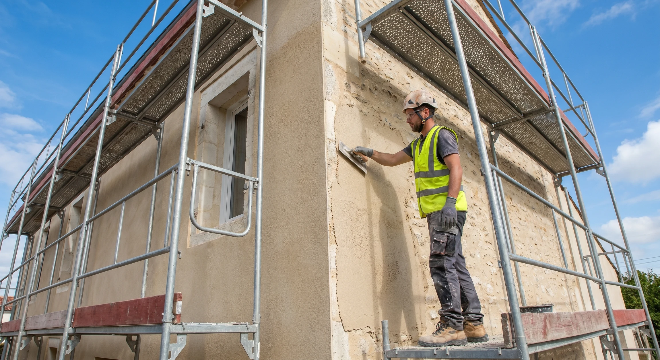 Photographie réaliste d'un ouvrier en équipement de protection (gilet de haute visibilité, casque) appliquant un enduit taloché sur la façade extérieure d'un bâtiment. L'ouvrier utilise une taloche pour lisser et texturer l'enduit directement sur le mur de façade. On doit voir l'échafaudage métallique en arrière-plan et un ciel dégagé. L'image doit clairement montrer un travail de façade en extérieur, typique des réalisations d'AME VBAC.