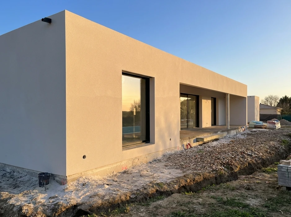 Maison contemporaine plain-pied en cours de construction, vue extérieure au coucher du soleil