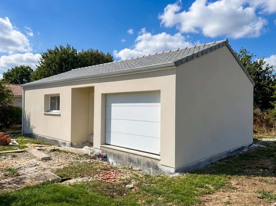 Garage individuel neuf, plain-pied, enduit ton beige clair