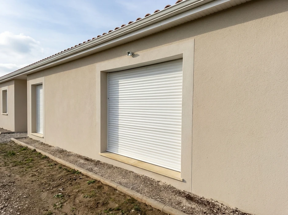 Façade extérieure d'une maison individuelle en enduit beige, équipée d'un volet roulant blanc en aluminium, entièrement fermé, intégré dans une baie rectangulaire avec appui de fenêtre en pierre