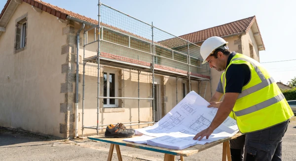 Architecte ou façadier professionnel en gilet de chantier consulant des plans techniques d'une façade sur un chantier réel, debout devant le bâtiment ou assis à une table de chantier avec dossier et documents techniques, en train d'examiner et discuter les détails de renovation de façade. Photographie réaliste de qualité professionnelle montrant le contexte de travail du second œuvre spécialisé en façade.