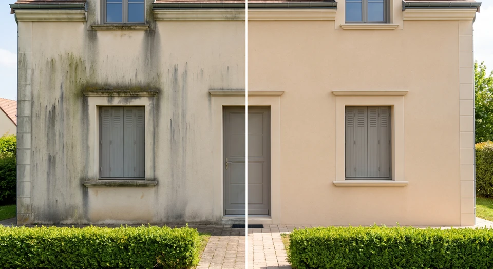 Photographie professionnelle en couleur d'une façade résidentielle moderne partiellement avant/après entretien : moitié gauche montrant une façade dégradée avec taches de mousse, traces de pollution et salissures grises ; moitié droite montrant la même façade après nettoyage professionnel et traitement, avec teinte claire et uniforme, tous les défauts éliminés. La façade doit être bien entretenue avec vue des détails architecturaux (fenêtres, appareillage du mur) visibles sur les deux moitiés pour montrer la transformation. Finition professionnelle, prise de vue claire, bien éclairée.