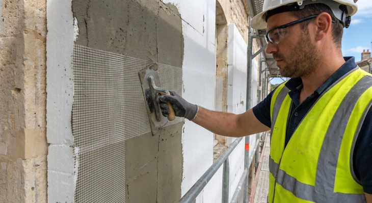 Ouvrier en bâtiment appliquant un enduit de façade sur mur extérieur depuis échafaudage