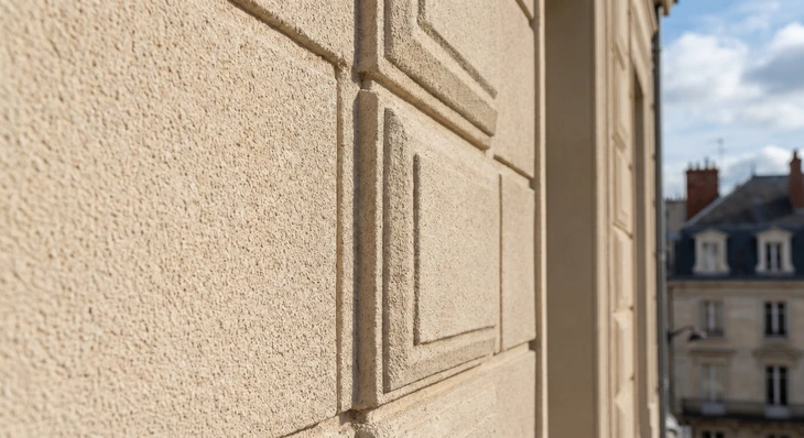 Gros plan d'une façade résidentielle avec enduit matricé beige ou gris clair, présentant une texture en relief régulière et homogène créant un motif de microrugosité uniforme, captée à la lumière naturelle du jour mettant en évidence les aspérités et la dimension de la surface, sur une maison traditionnelle ou contemporaine.