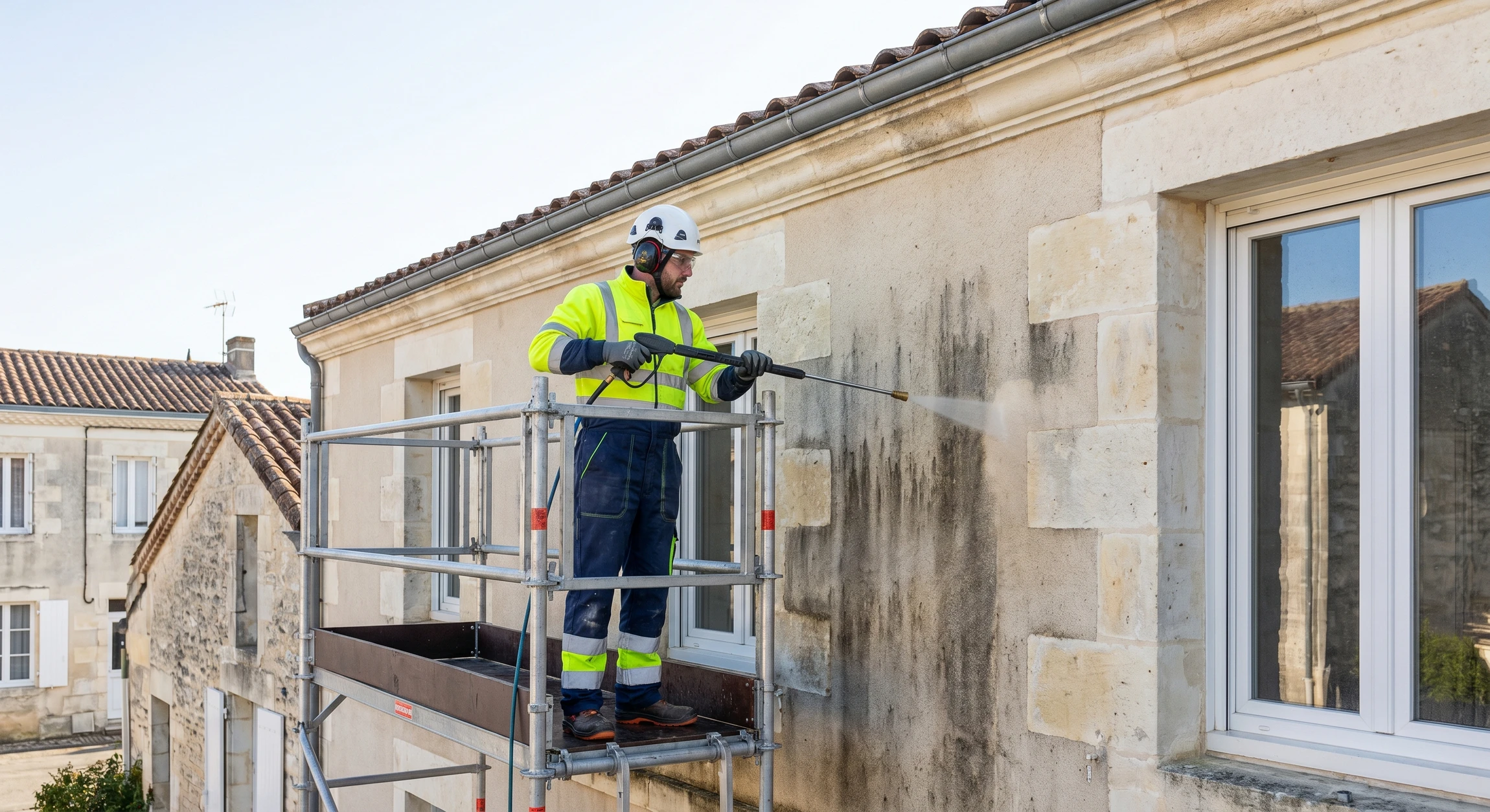 Un homme en tenue bleue utilise un nettoyeur haute pression pour nettoyer la façade d'une maison résidentielle