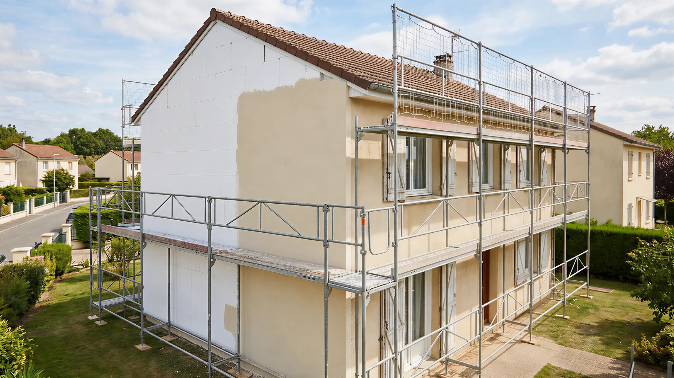 Ouvrier en bâtiment installant un panneau d'isolation thermique extérieure sur façade de maison en construction