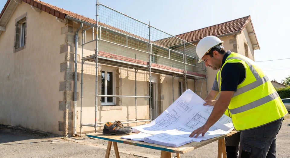 Vue latérale des charpentiers d'adultes moyens travaillant sur le chantier de construction