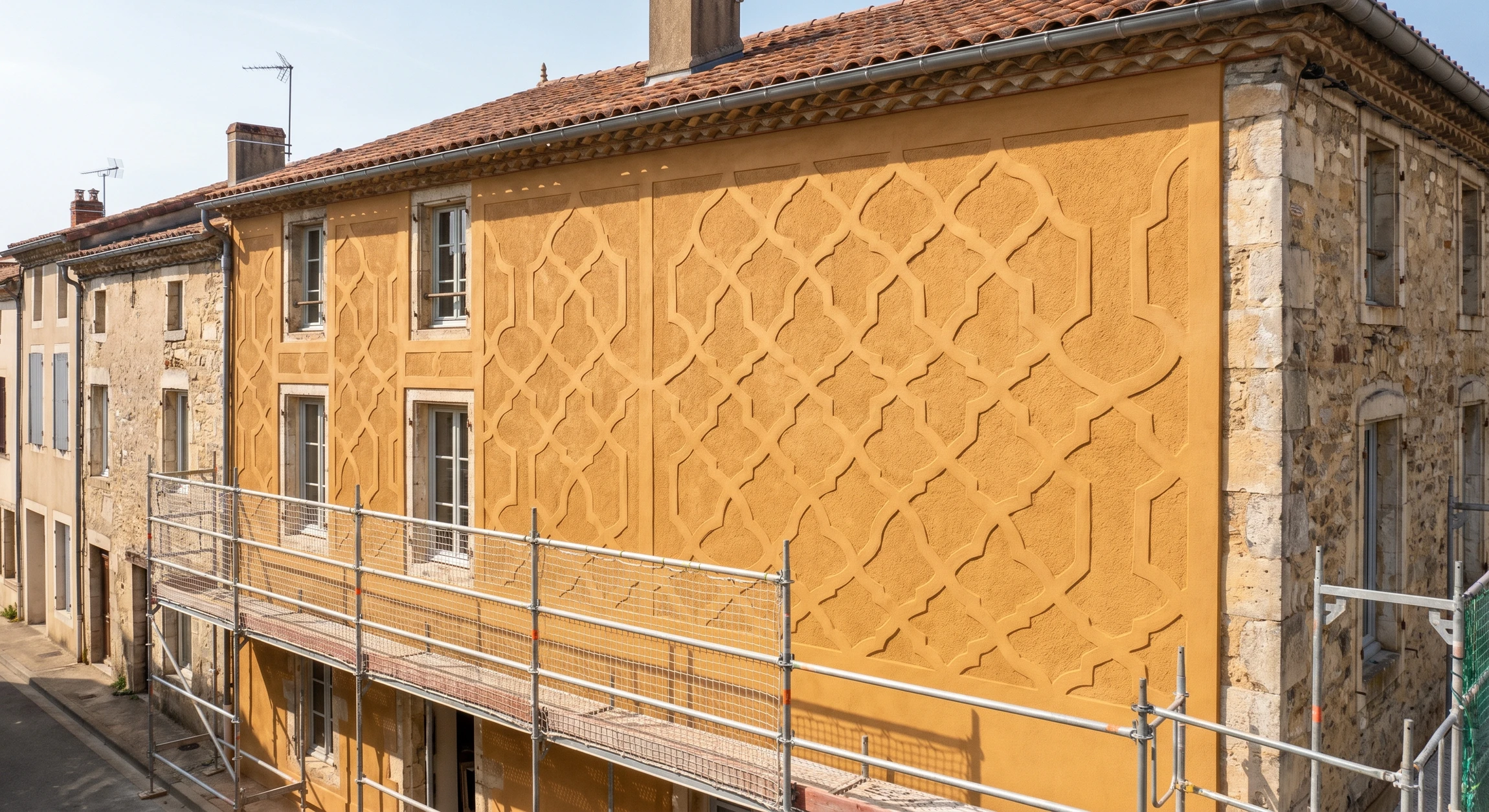 Ouvrier en hauteur appliquant un enduit ou une peinture sur façade extérieure d'immeuble