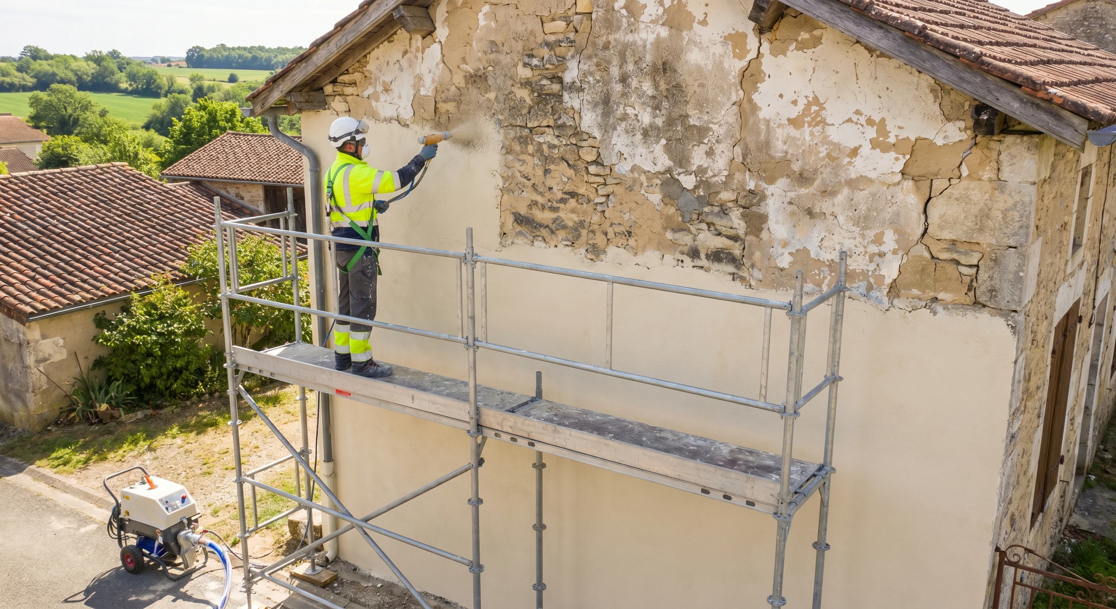 Chantier de construction extérieur avec échafaudage métallique tubulaire entourant un bâtiment en cours de rénovation