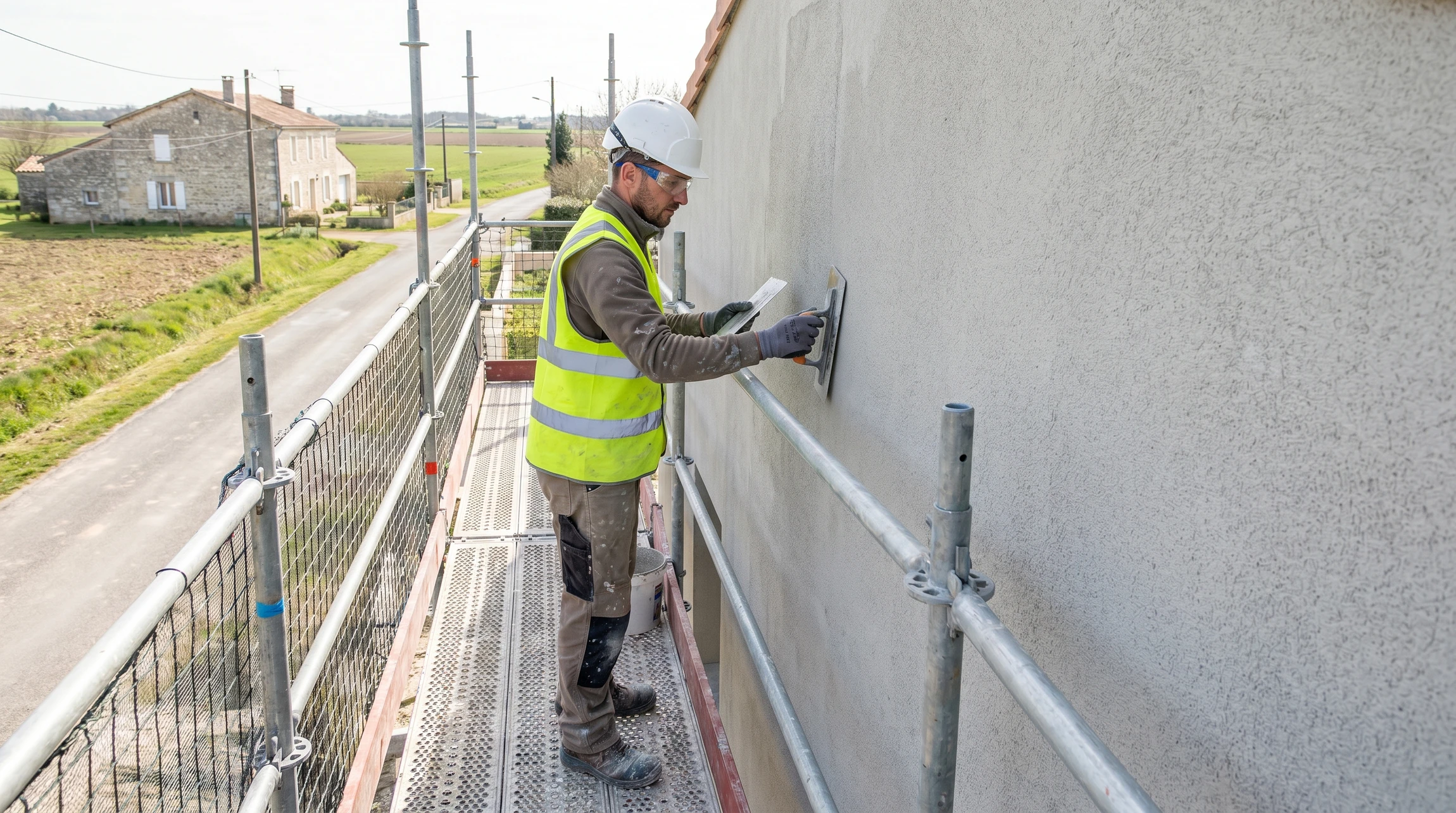 Nettoyage haute pression d'un mur extérieur en crépi beige avec jet d'eau puissant