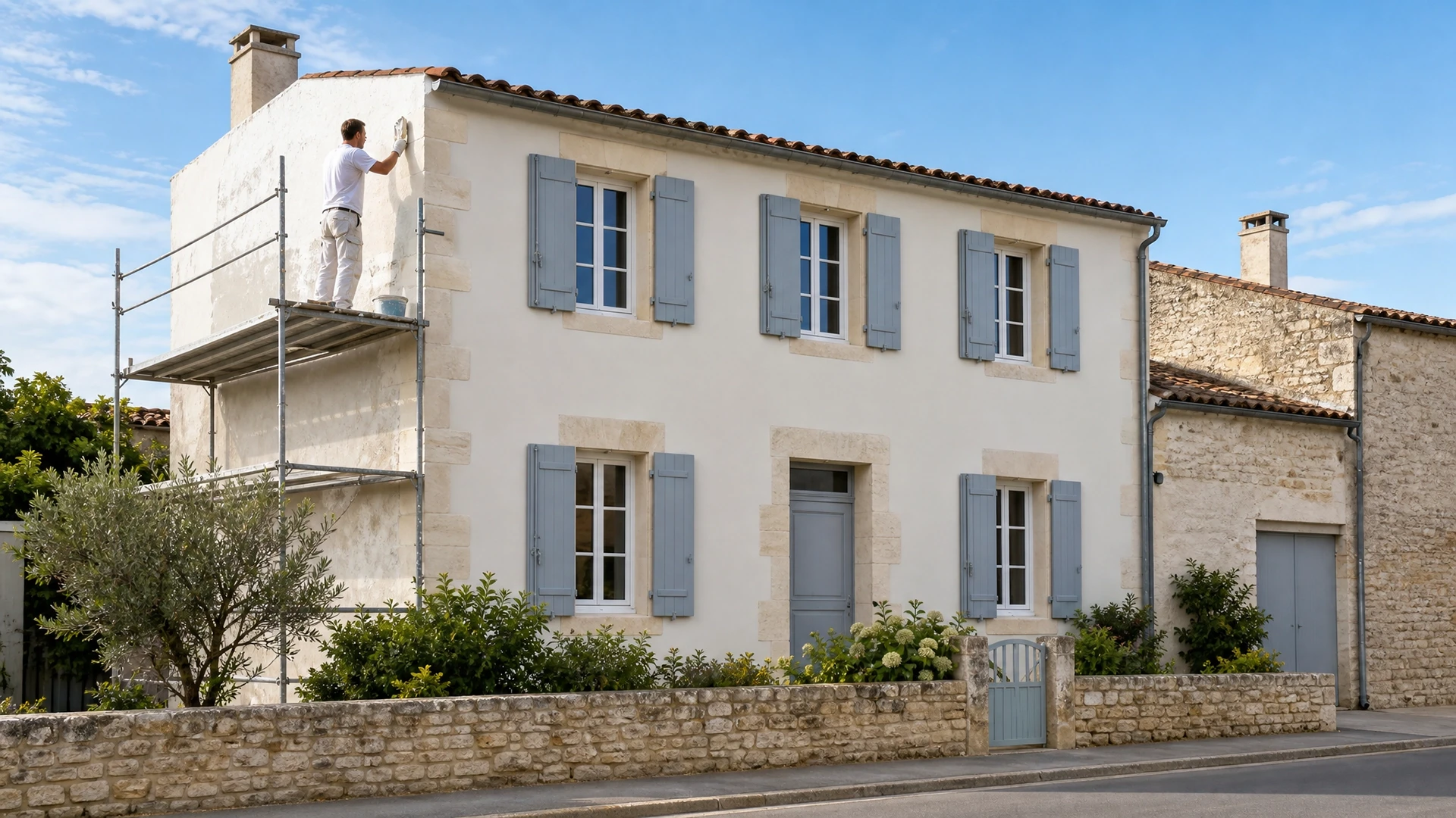 Maison individuelle moderne à étage avec façade crépie beige et toiture en tuiles mécaniques grises