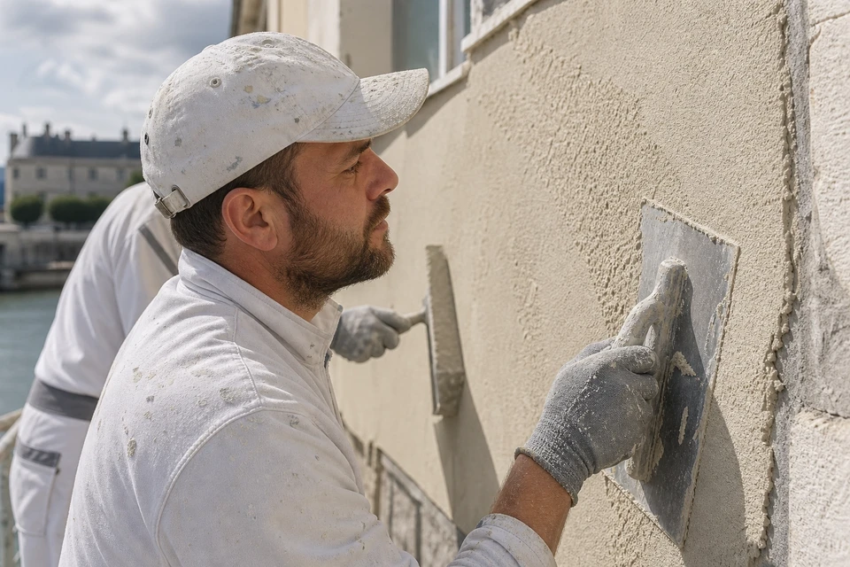 Un ouvrier du chantier Patchant un mur Photo en gros plan