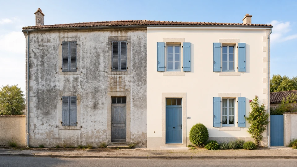 Chantier de rénovation extérieure d'immeuble résidentiel avec ouvriers sur échafaudage tubulaire